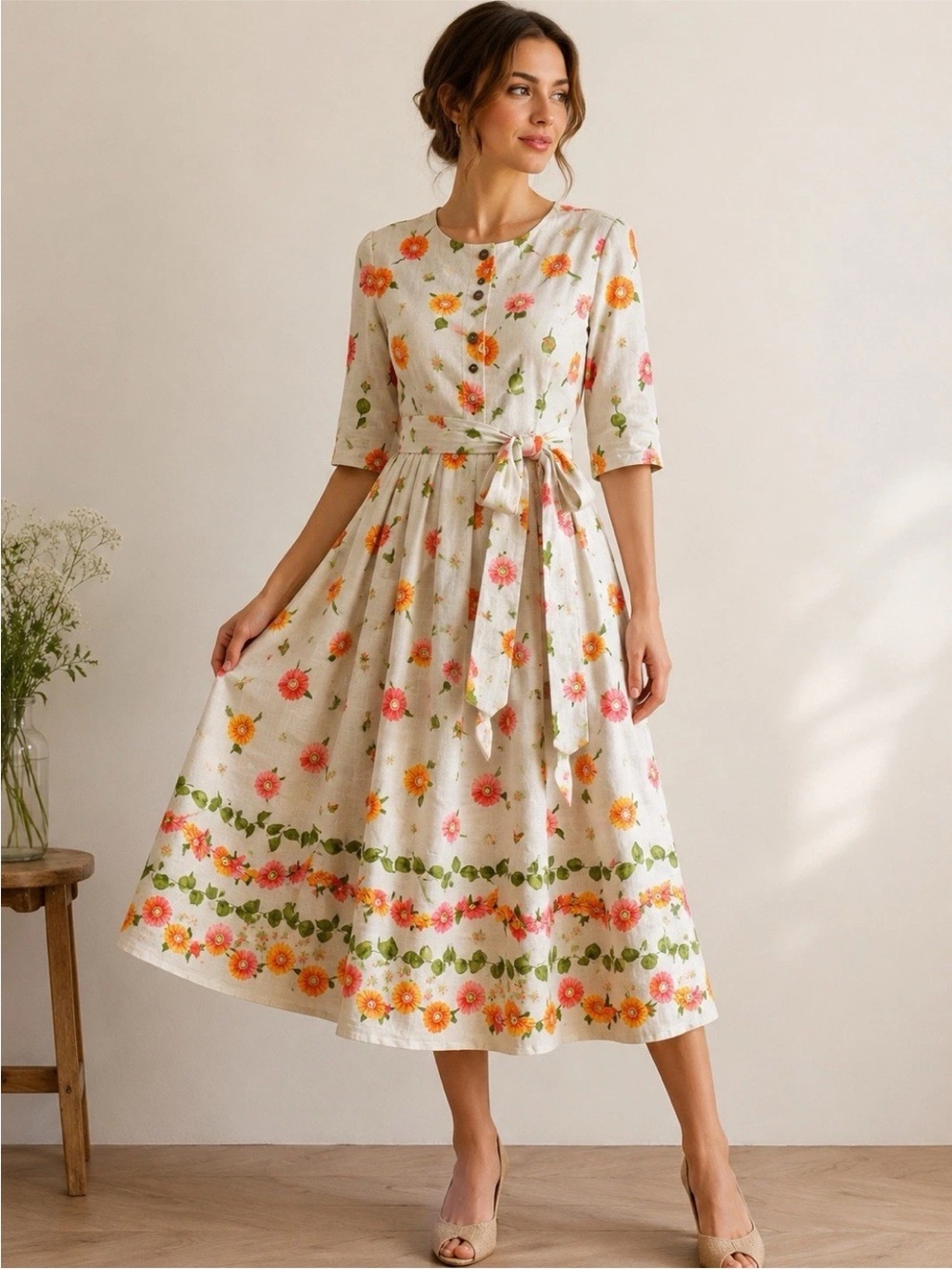 Vintage 90’s Geiger Austria Linen Cotton Floral Top Skirt 2 Pc Set Belt Size 38